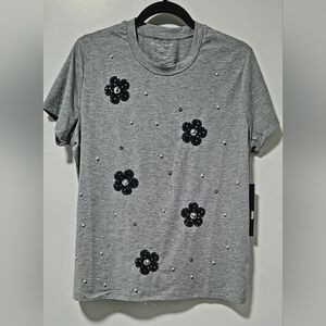 Elizabeth & Nicole Embellished Floral Tee | Pearl Detail | Size M | New